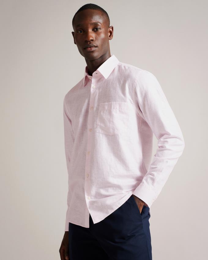 Chemises Ted Baker Long Sleeve Linen Blend Rose Clair Homme | BCD-08025755